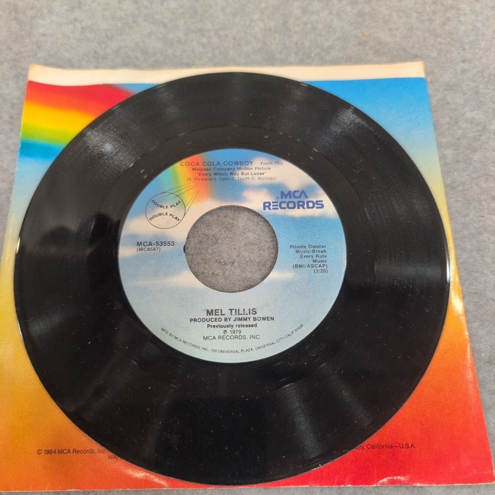 Mel Tillis Coca Cola Cowboy 45 RPM Vinyl MCA-53553 Country Single Record - Picture 2 of 3